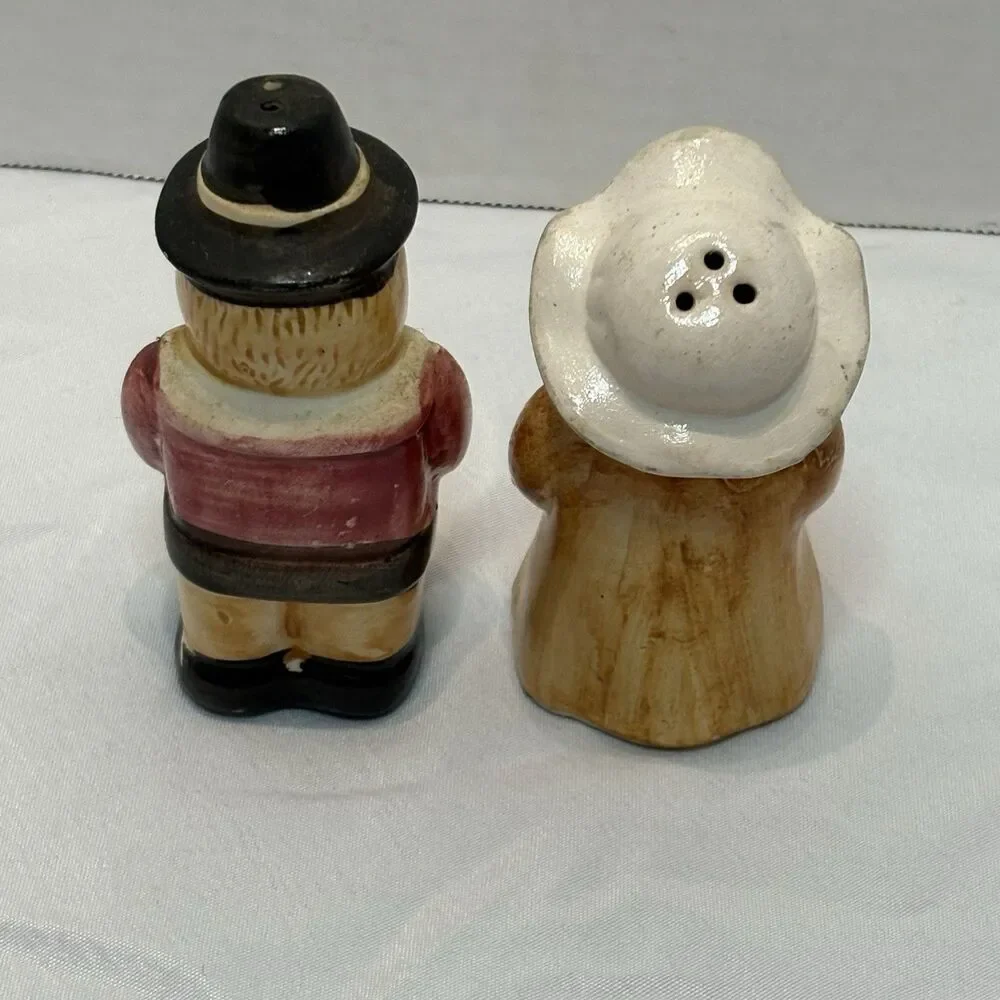 Vintage Pilgrim Salt And Pepper Shakers Man Woman Porcelain 4.25 in multicolor